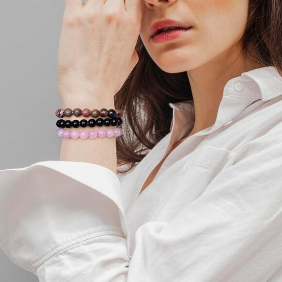 3PCS pink Healing Crystal Natural Stone Beaded Stretch Bracelet for Women - Picture 2 of 6